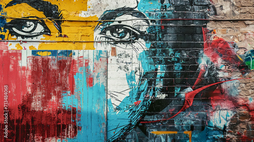 Abstract colorful fragment of graffiti on old brick wall with face. Street art. Grunge messy street background