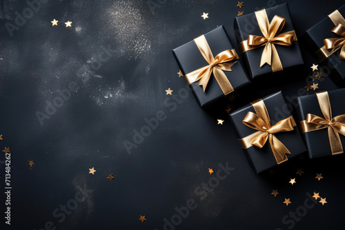 Black gift boxes blank greeting card. Copy space for text