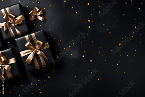 Black gift boxes blank greeting card. Copy space for text © Michael