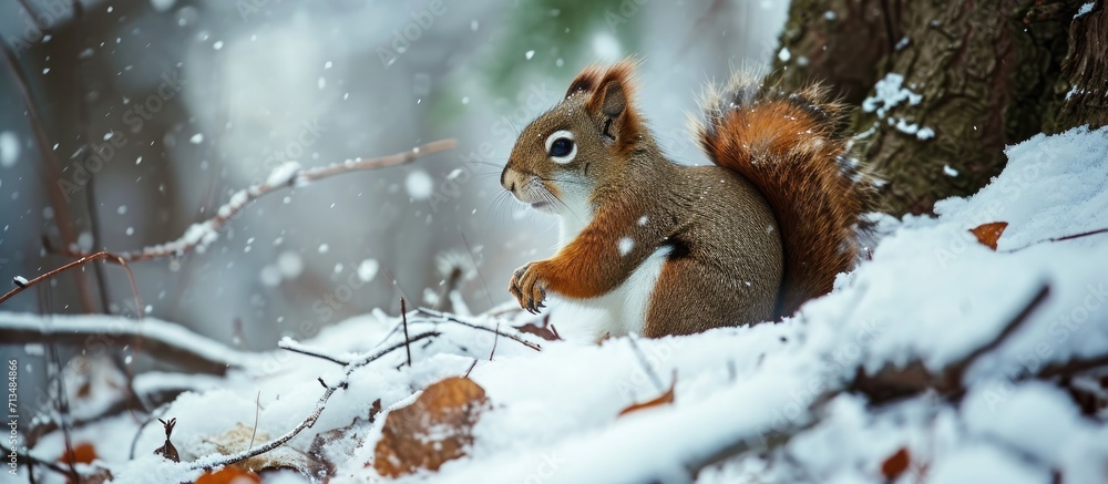 A fluffy squirrel in a winter forest sits on a white clean snowdrift. Copy space image. Place for adding text or design A fluffy squirrel in a winter forest sits on a white clean snowdrift. Copy space image. Place for adding text or design