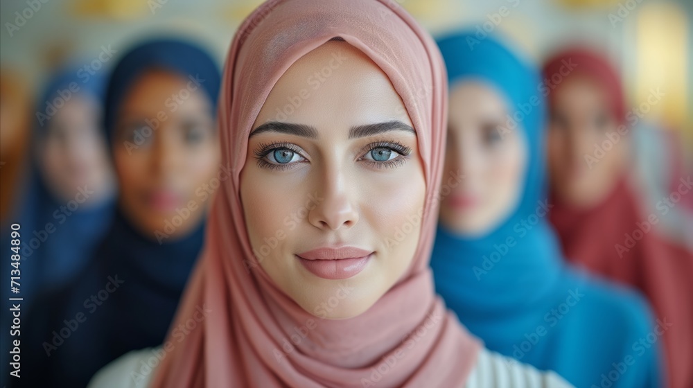 Empowered diverse women wearing hijabs with positive vibes Empowered diverse women wearing hijabs with positive vibes