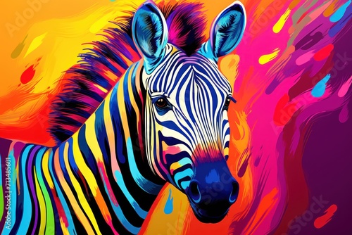  a colorful painting of a zebra s head with multi - colored paint splattered on it s face.