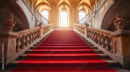 A grand staircase with red carpet in a luxurious palace interior.