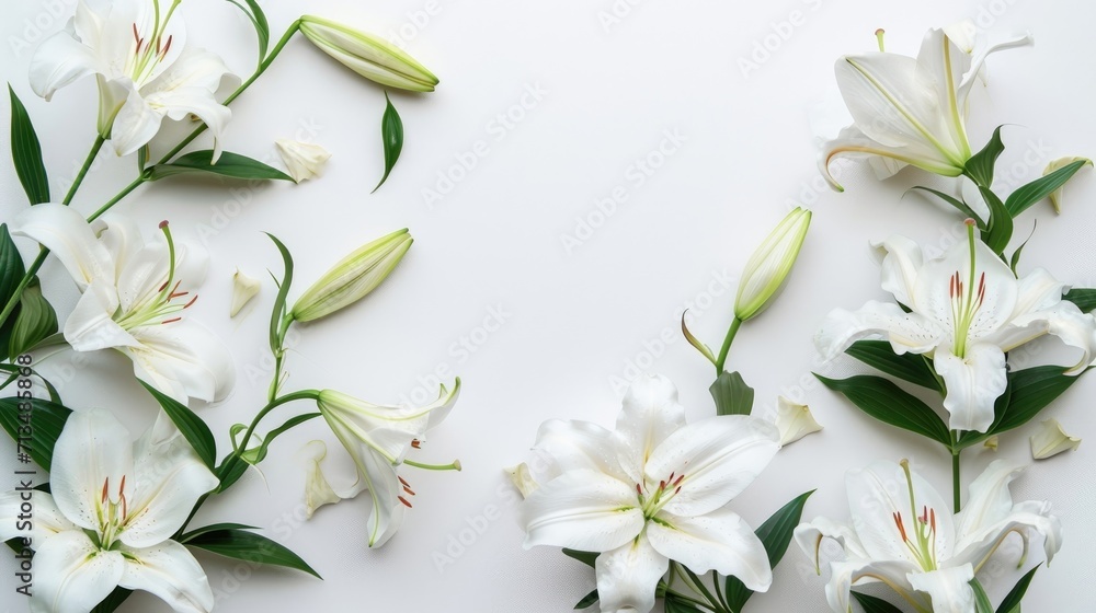 Exquisite white lilies with vibrant green leaves arranged on a clean white background, showcasing their delicate petals and prominent anthers, exuding elegance and purity