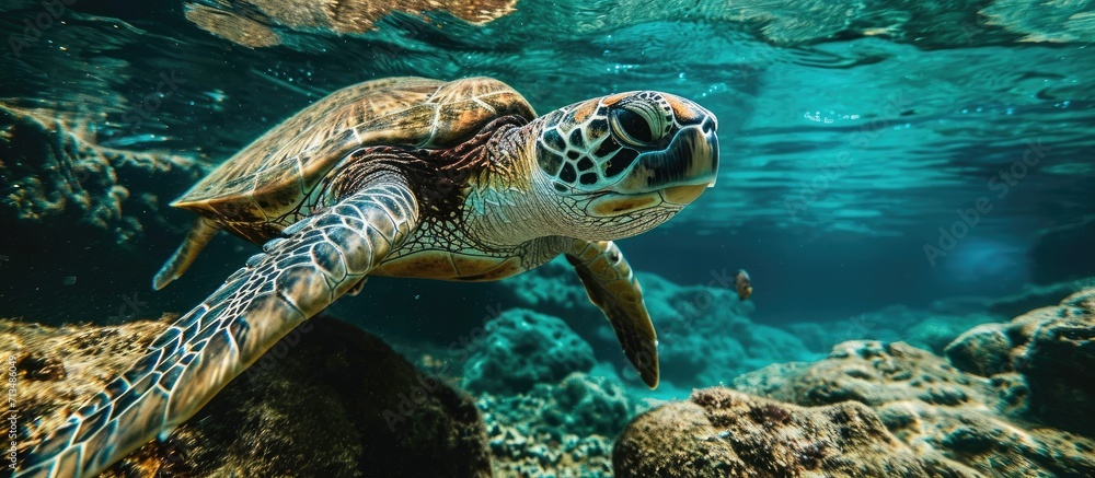 A green sea turtle swimming in shallow water in the underwater observatory park in Eilat Israel. Copy space image. Place for adding text or design A green sea turtle swimming in shallow water in the underwater observatory park in Eilat Israel. Copy space image. Place for adding text or design