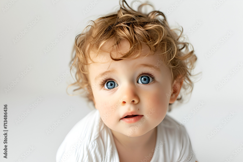A curly-haired baby of 1-2 years old is sitting on the floor on his knees sideways in a sports plush suit, smiling and looking carefully away. Copy space. Photo. A curly-haired baby of 1-2 years old is sitting on the floor on his knees sideways in a sports plush suit, smiling and looking carefully away. Copy space. Photo.