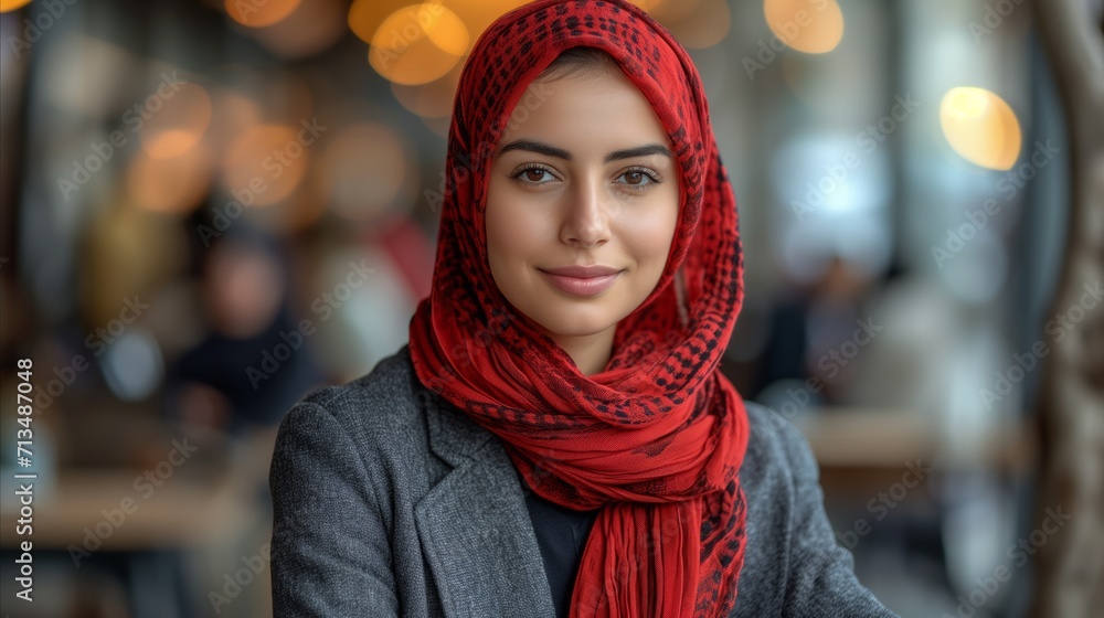 Confident young woman with red hijab portrait in a cozy cafe setting Confident young woman with red hijab portrait in a cozy cafe setting