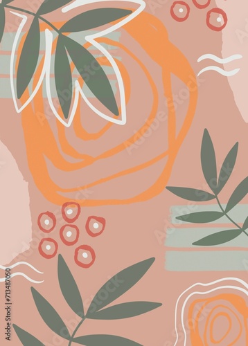 hand drawn boho minimal background with leaves, abstract  botanical shapes background