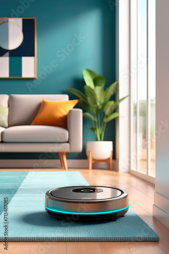 Modern robot vacuum cleaner working on blurred background of home interiorin a living room.