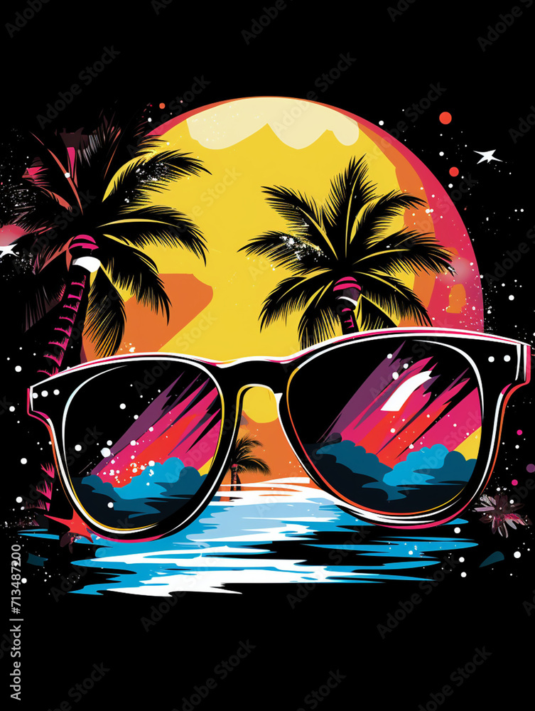 T-shirt design, a bold, pop-art inspired image of a pair of sunglasses reflecting a beach scene, created using bright colors and halftone dots created with Generative Ai T-shirt design, a bold, pop-art inspired image of a pair of sunglasses reflecting a beach scene, created using bright colors and halftone dots created with Generative Ai