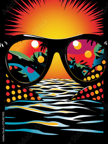 T-shirt design, a bold, pop-art inspired image of a pair of sunglasses reflecting a beach scene, created using bright colors and halftone dots created with Generative Ai © Andrii Yablonskyi