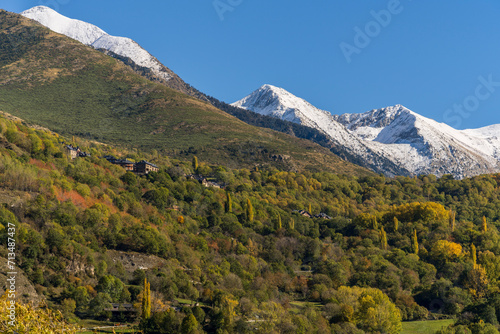 Taull village in front of Pic del Pessó (2894 m) and pic de les Mussoles (2876 m) Bohí Valley (La Vall de Boí) , Lérida, Spain