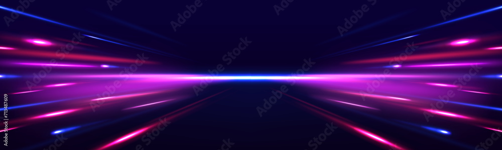 Abstract neon light rays background. A colorful motion background of city light trails. Vector speed of light in space on dark background.	