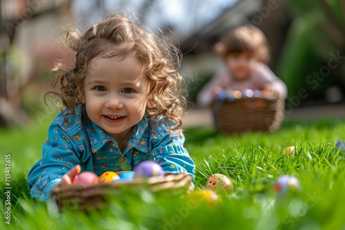 Cute little girl with basket of easter eggs on green grass