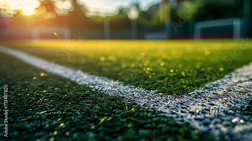 Close up shot of White lines at football pitch with artificial grass.