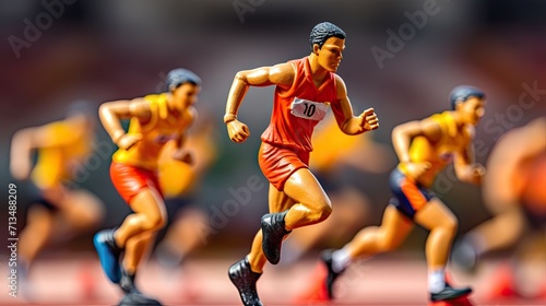 Miniature figures of athletes in sports uniforms running on the track. Group of plastic toys of marathon runners in motion. Human activity. Design for sport. Illustration for cover, card, decor or ad. photo