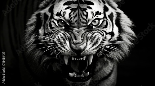 Close-up of the head of an aggressive tiger ready to attack. Wild animal in monochrome style. Scalp of a snarling animal. Illustration for cover, card, interior design, poster, brochure, presentation. photo