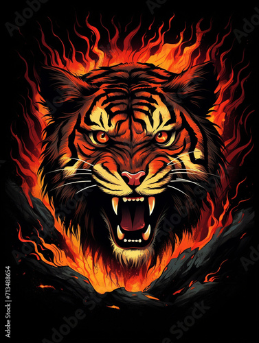 T-shirt design  a striking graphic of a roaring tiger  its stripes transforming into a blazing forest fire created with Generative Ai