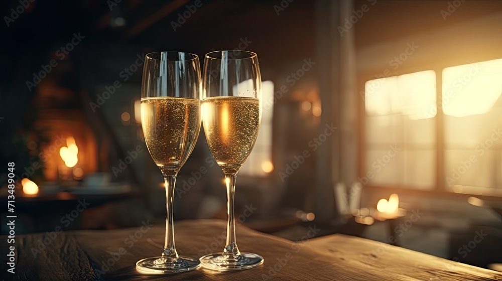 Two glasses of sparkling wine (champagne) on the table in front of the window at sunset. Cozy atmosphere in the chalet. The concept of cozy relaxation. Illustration for varied design. Two glasses of sparkling wine (champagne) on the table in front of the window at sunset. Cozy atmosphere in the chalet. The concept of cozy relaxation. Illustration for varied design.