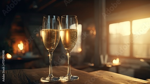 Two glasses of sparkling wine (champagne) on the table in front of the window at sunset. Cozy atmosphere in the chalet. The concept of cozy relaxation. Illustration for varied design.