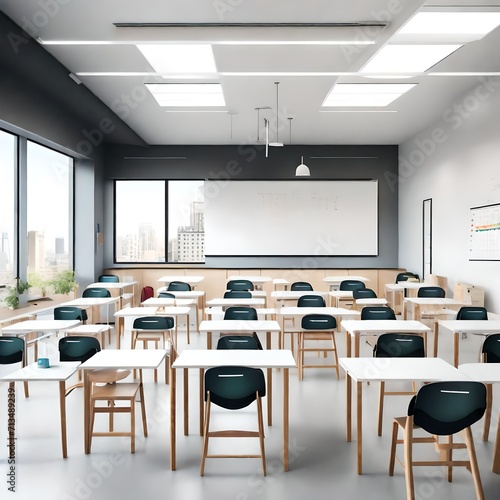 Well-lit classroom featuring a minimalist design with white desks, a sleek blackboard, and colorful backpacks