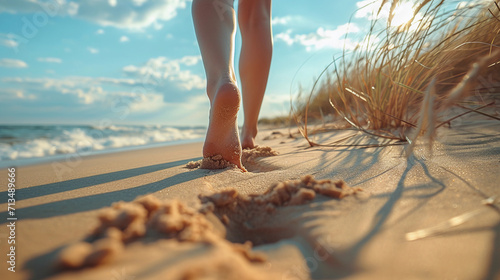 A woman walking barefoot on the sand on the seashore. A sunny summer morning