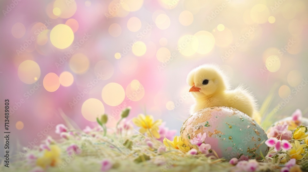 A gentle spring scene with a plush toy chick nestled inside an oversized pastel painted Easter egg against a Pastel Bokeh Background
