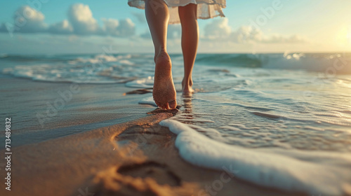 A woman walking barefoot on the sand on the seashore. A sunny summer morning