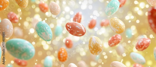A lovely pattern of flying eggs set on a bokeh background, giving happiness and joy for the upcoming Easter celebration. © MdKamrul