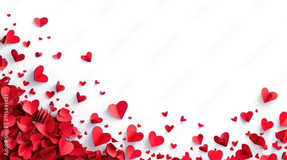 romantic love background with long horizontal border made of beautiful falling red paper hearts isolated on white background, happy valentines day romantic love background with long horizontal border made of beautiful falling red paper hearts isolated on white background, happy valentines day