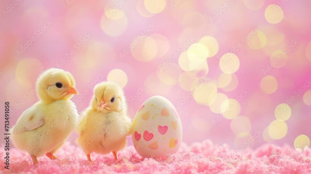 Two spring chicks and a easter egg on a bokeh background Two spring chicks and a easter egg on a bokeh background