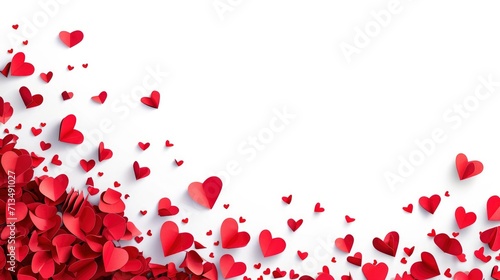 romantic love background with long horizontal border made of beautiful falling red paper hearts isolated on white background, happy valentines day