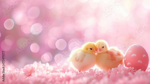 Two spring chicks and a easter egg on a bokeh background © MdKamrul