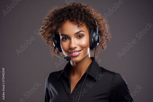 Smiling Customer Service Agent with Curly Hair Using Headset