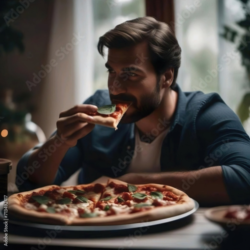 Hombre comiendo una porci  n de pizza con una pizza entera sobre la mesa
