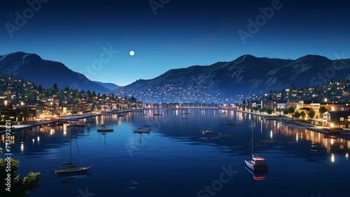 Galactic harbor: A serene harbor at night, with a crescent moon casting its glow on still waters, surrounded by a myriad of stars -Generative Ai