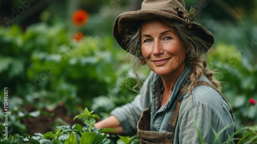 Gardener Tending to Flowers in Sunlit Garden