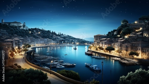 Galactic harbor: A serene harbor at night, with a crescent moon casting its glow on still waters, surrounded by a myriad of stars -Generative Ai photo
