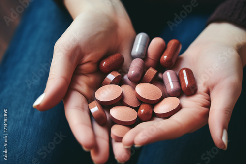 medical pills brown round in bulk in women's hands, vitamins