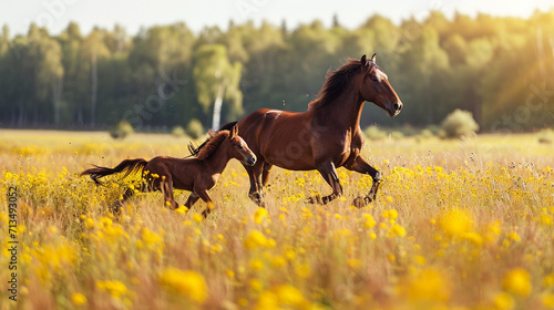 An immersive image capturing the beauty of a horse and her foal galloping freely in a spacious meadow  with their flowing manes and tails creating a visually dynamic and exhilarati