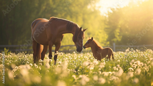 An artistic photograph of a serene mare and her curious foal exploring a blooming meadow, with soft backlighting accentuating the graceful contours of their coats, creating a visua photo