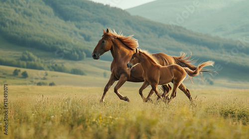 An immersive image capturing the beauty of a horse and her foal galloping freely in a spacious meadow, with their flowing manes and tails creating a visually dynamic and exhilarati © Наталья Евтехова
