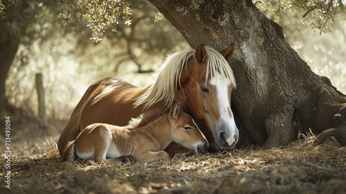 A captivating photograph of a horse family resting under the shade of a tree, with the foal nestled close to its mother, showcasing the tranquility and unity within the equine fami photo