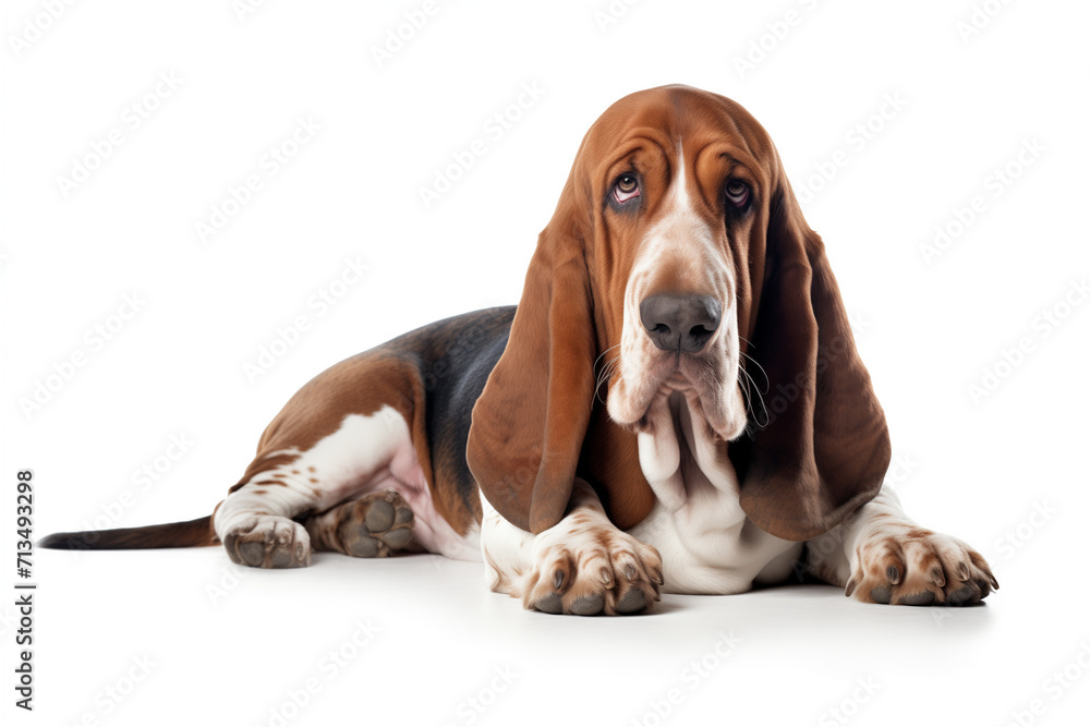 Basset Hound dog lying, isolated on white background