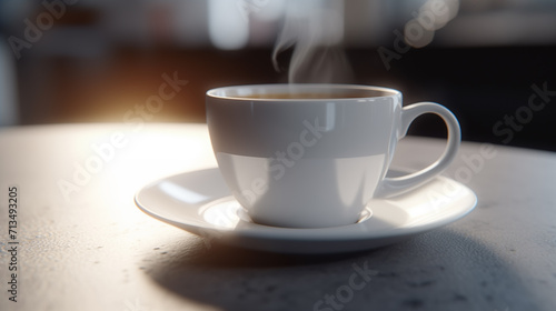 Realistic white cup of coffee steam, morning coffee