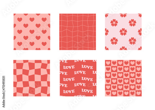 Fototapeta Naklejka Na Ścianę i Meble -  Groovy Valentines day seamless pattern set. Cute love retro style background collection.
