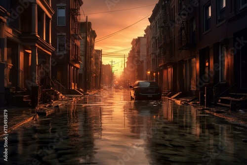 Dawn-lit flooded urban street. Generative AI