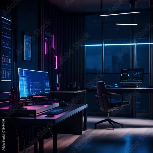 Stylish workspace in a brutal apartment, featuring dark tones, futuristic furniture, and ambient LED lighting © Hafiz