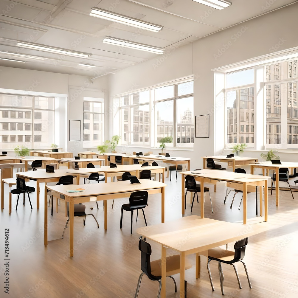 Airy classroom setting with ample natural light, sleek desks, and backpacks adding a playful touch