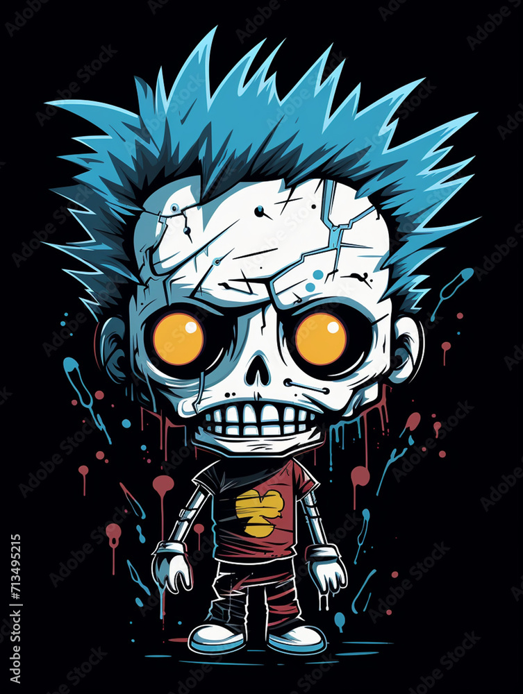T-shirt design, lineal color icon of one cute zombie with a human theme on black background, featuring a full-body illustration where the head is larger than the body created with Generative Ai T-shirt design, lineal color icon of one cute zombie with a human theme on black background, featuring a full-body illustration where the head is larger than the body created with Generative Ai